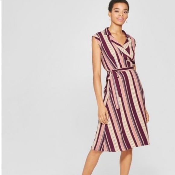 Women's Striped Sleeveless Collared Wrap Midi Dress - Picture 1 of 3